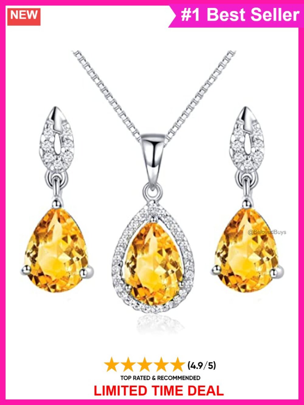 Teardrop Citrine 925 Sterling Silver Rhodium Plated Jewelry Set Women